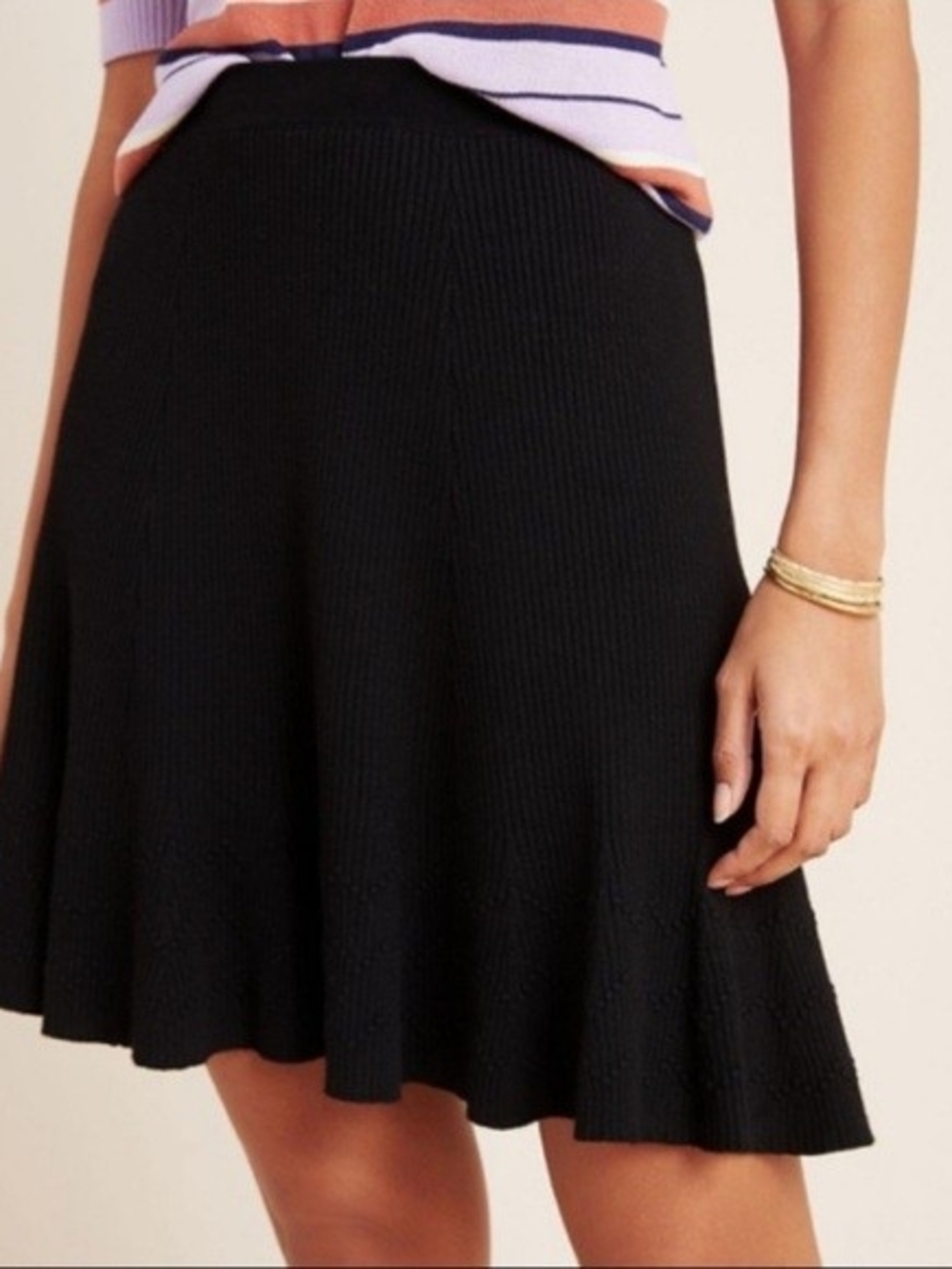 Anthropologie Maeve Black Ribbed Knit Flared Skater Mini Skirt
